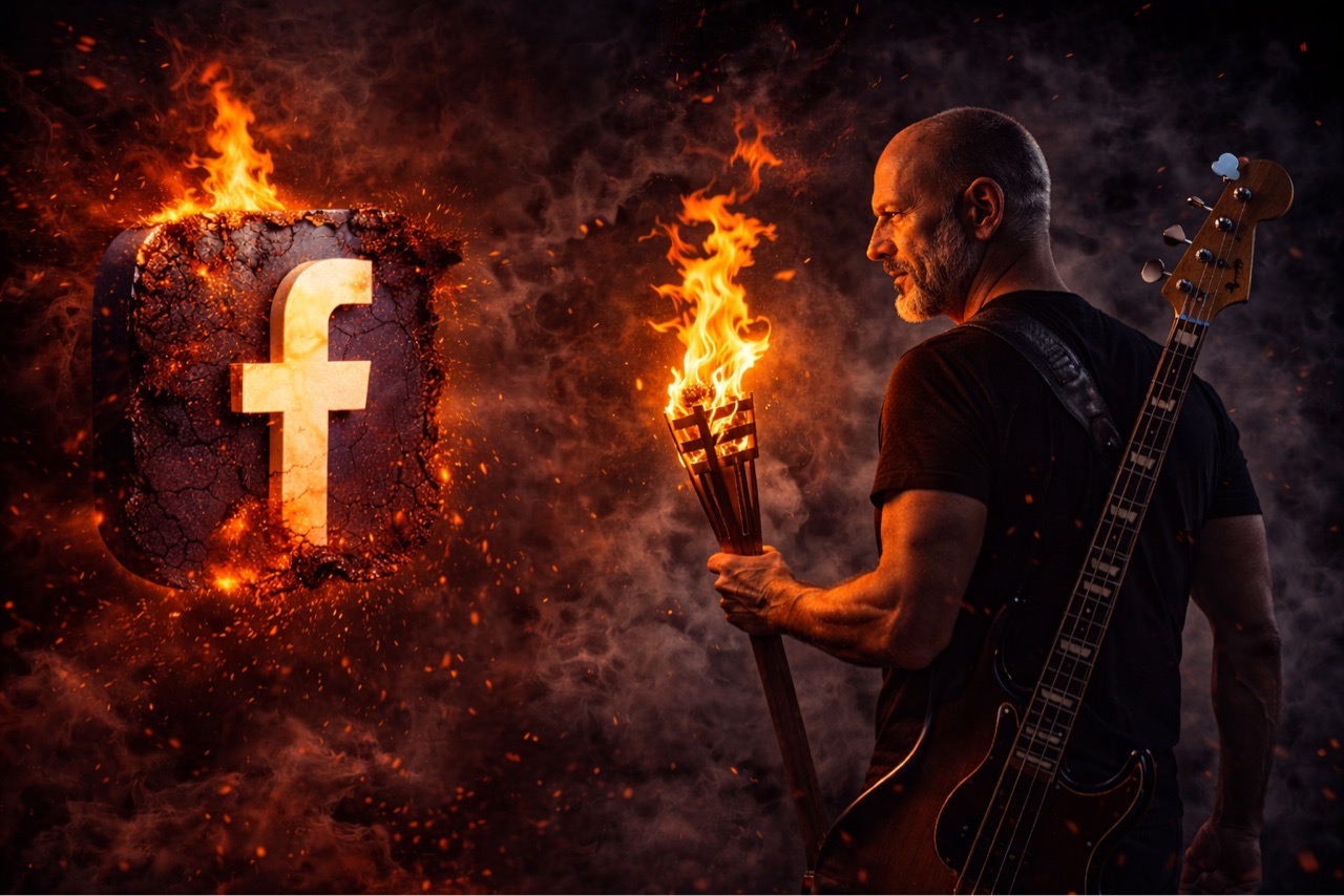 Illustrasjon av Gjermund med bass og fakkel foran en brennende Facebook-logo